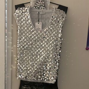 Zara Shimmering Silver Sequin Blouse